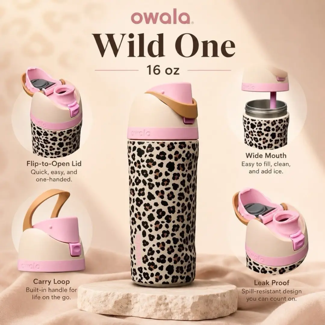 Owala Leopard Print 16 oz FreeSip Water Bottle – Cheetah Pattern Insulated Stainless Steel Straw Lid Tumbler for School, Travel, Kids & Everyday Hydration