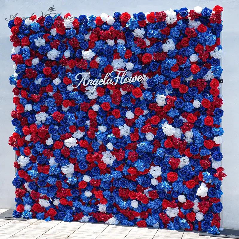 A8626 5D Deep Blue Silk Hydrangea Roll-Up Cloth Artificial Flower Wall, 8x8 ft Wedding Backdrop Home Decor Decoration