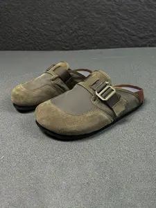 Men's Retro Mesh Patchwork Suede Slippers, Slip On Mules, Adjustable Metal Buckle Soft Wood Sole, Breathable Anti-Slip Arch Support, All-Season Casual Outdoor Shoes