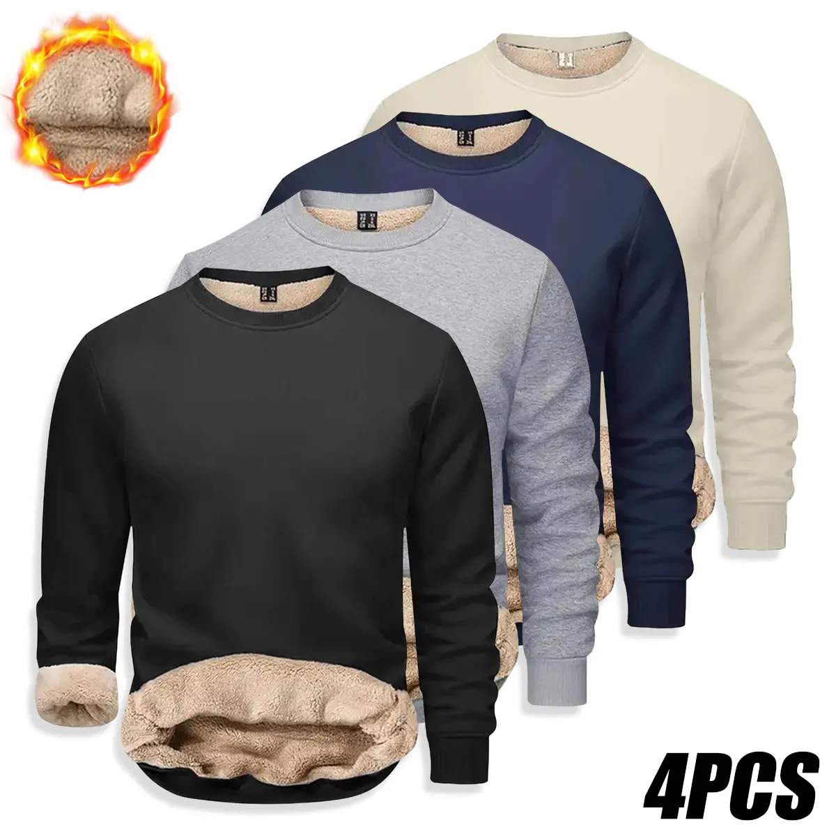 Men’s 4-Pack Ultra-Warm Plush Fleece-Lined Long Sleeve Crewneck Sweatshirts - Polyester Minimalist Simple Solid Color Vertical Ribbing Thermal Pullovers with Ribbed Cuffs & Hem, Soft Cozy Relaxed Fit Thick Long Sleeve Tops for Home Lounging, Outdoor Walks