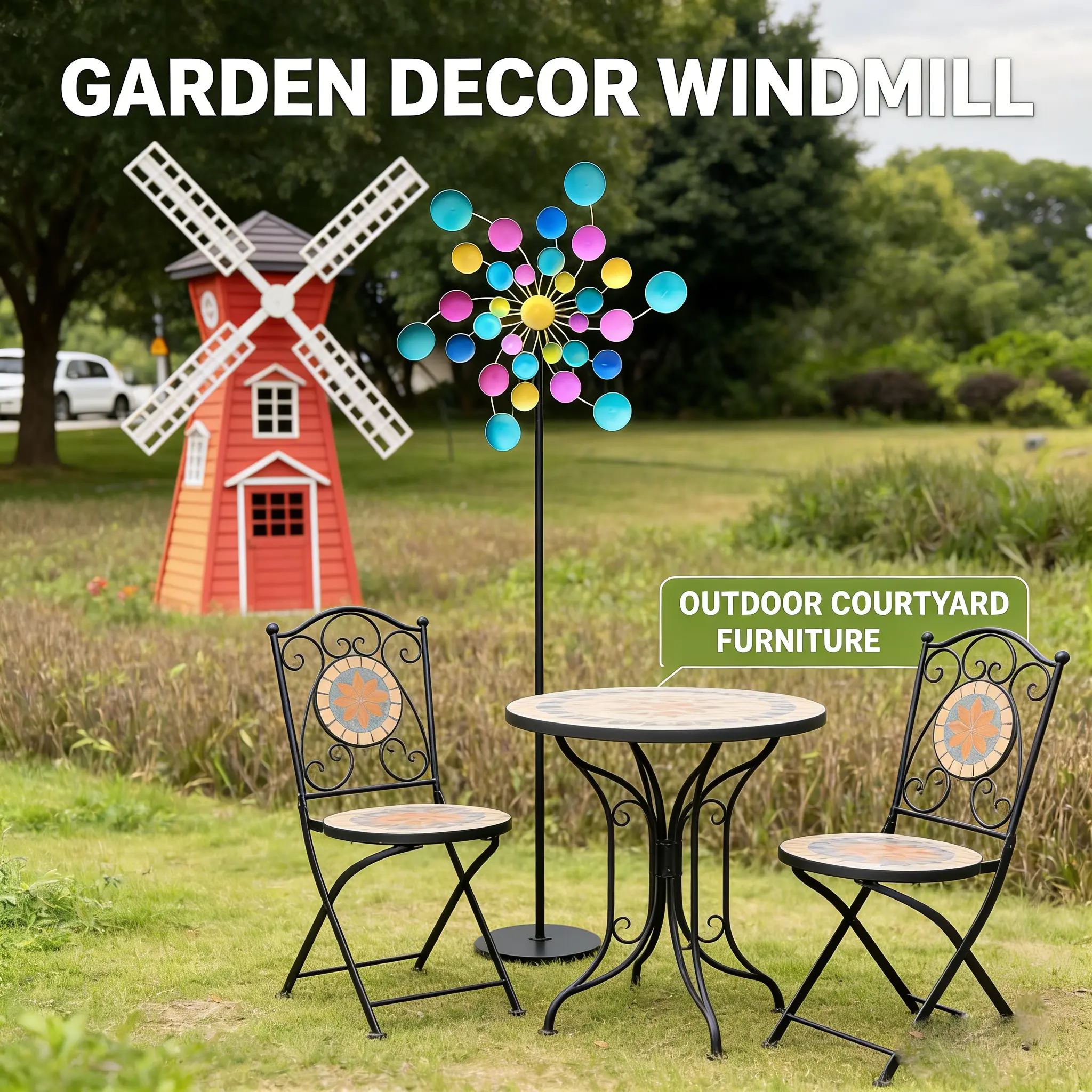 Multicolor Metal Wind Spinner - 360° Rotating Iron Windmill with Decorative Stakes, Outdoor Garden & Kids Playground Decor (Home Improvement Garden Supply)