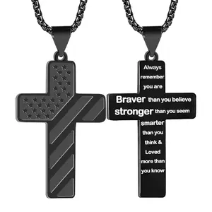 Cross Necklace Encouraging Patriotism Gift, Titanium Steel US Flag Necklace Pendant with Nice Case, American Pride Design, Inspirational Bible Verse
