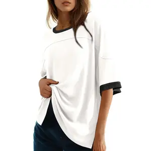 Dokotoo Summer Tops for Women 2026 Loose Oversized T Shirts Crewneck Color Block Side Slits Basic Tee Blouses