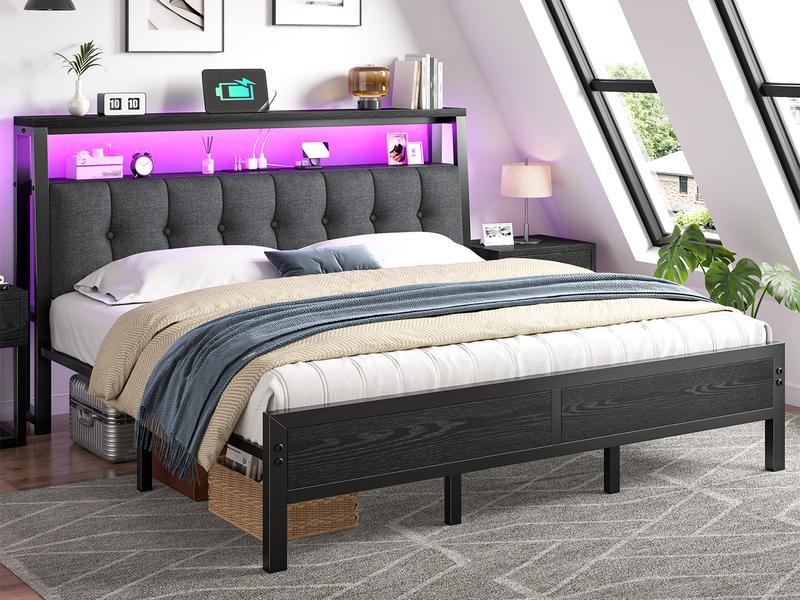 Raybee LED Bed Frame with Charge Station for Queen, Full, King, Platform Bed Frame with Upholstered Ergonomic Heardboard , 2 Tiers of Shelves & 12" Underbed Storage, Industrial Modern Bedroom Furniture, 1000lbs Capacity with Metal Slats & Frame, Black