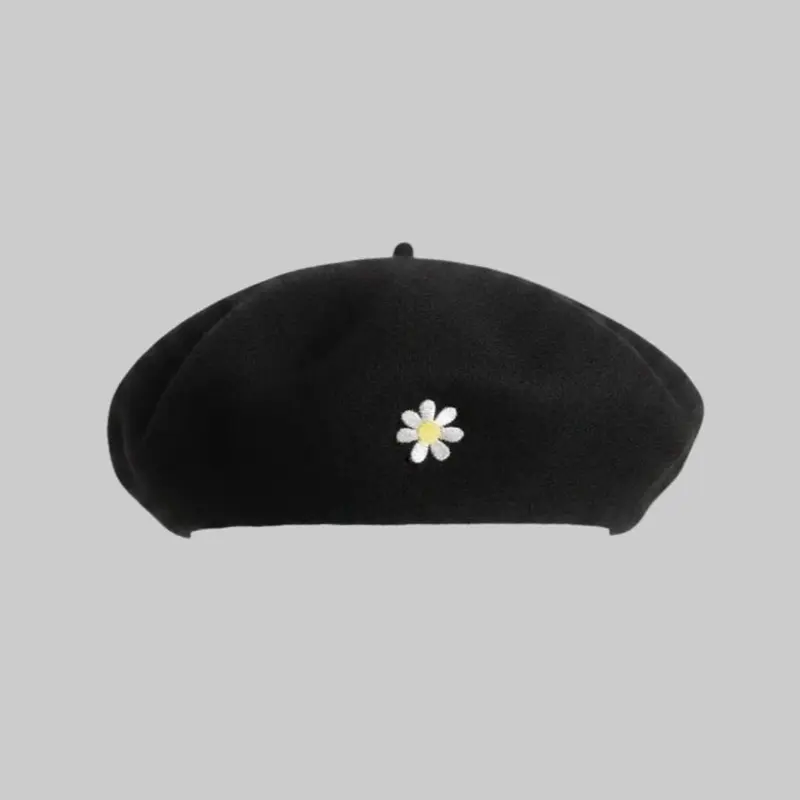 Unisex 100% Wool Embroidered Beret - Delicate Daisy Embroidered Logo, Unisex Fit, Stylish Look for Daily Wear & Everyday Outfits, Versatile All-Season Fashion Accessory