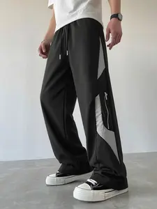 Men's Fashion Spring Summer Long Pants, Patchwork Zip Design Straight Leg Pants, College Style Streetwear Versatile