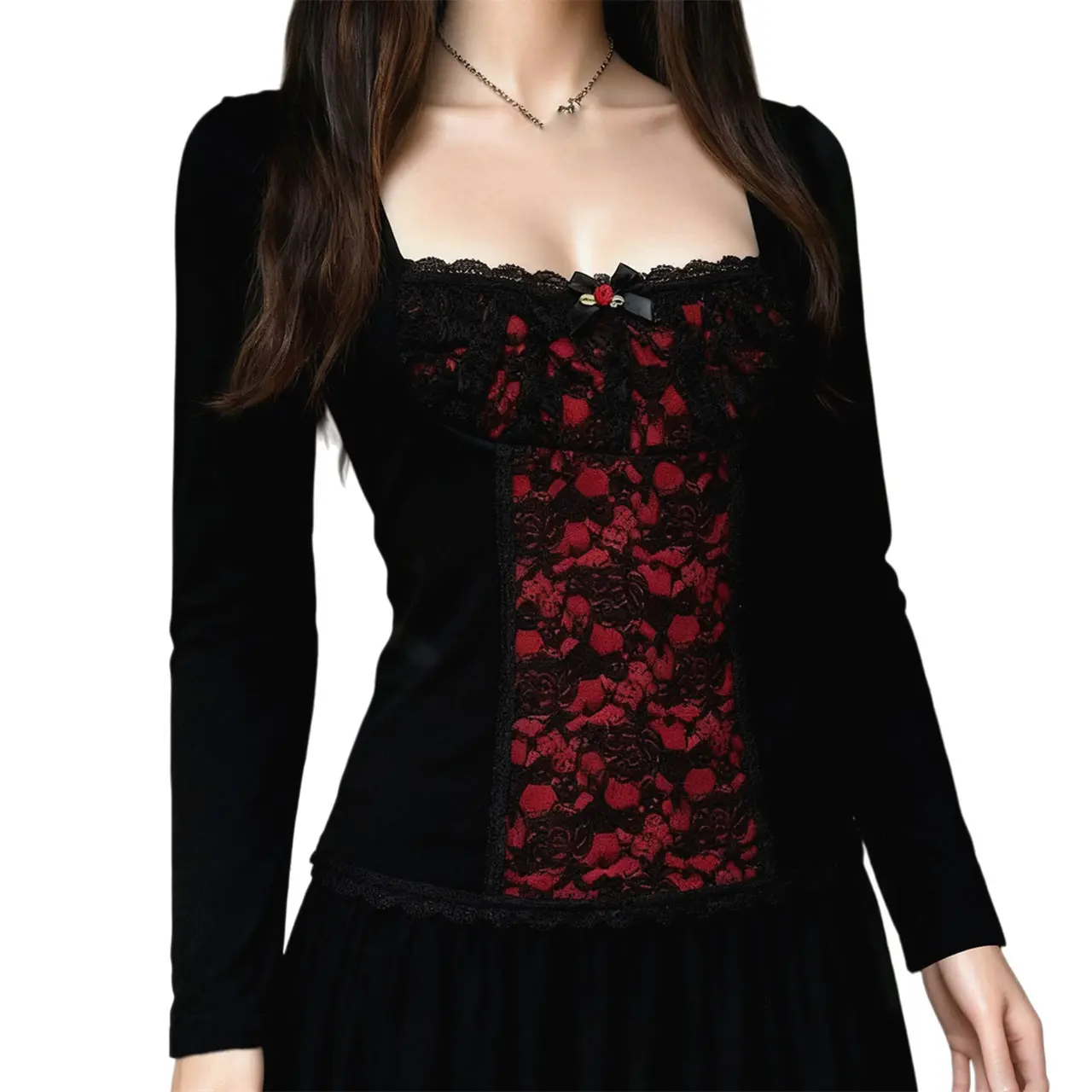 Women's Gothic Slim-Fit Stretchy Polyester T-Shirt - Black Square Neck Long Sleeves, Dark Floral Print Lace Trim Punk Vampire Top for Party, Valentine's Day (Gothic Vibe Women's Tops)