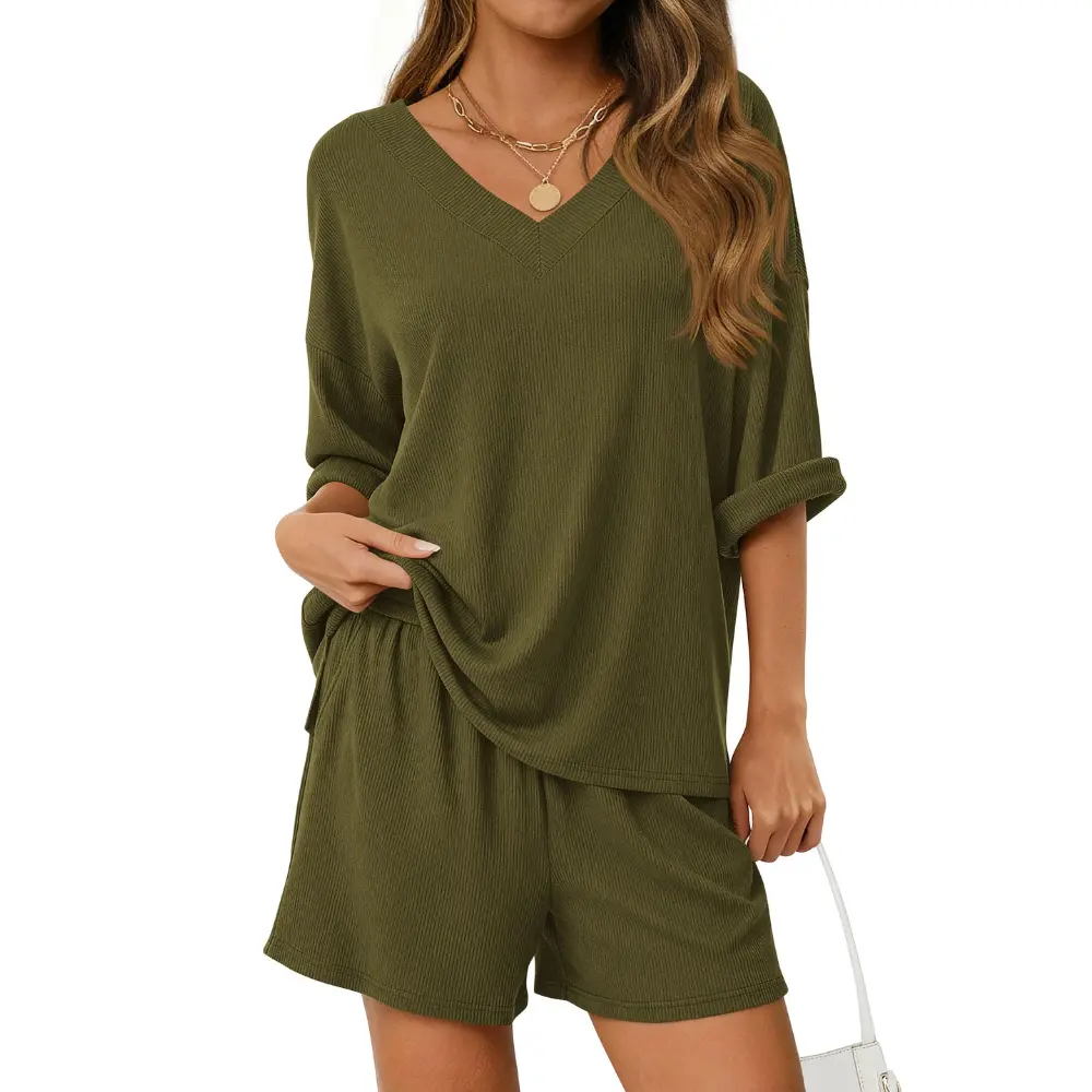 PrettyGarden Women's 2-Piece Sets Ribbed Rayon Summer Oversized Vneck Half Sleeve Tops Shorts Lounge Set Casual Travel Airport Outfits
