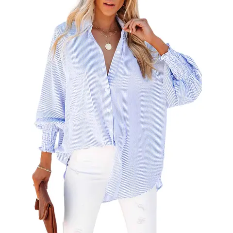 Asvivid Women's Casual Button Down Striped Blouse Tops with Elastic Cuffs Smocked Stripe Business Casual Pocketed Long Sleeve Shirt Lantern Sleeve Spring Fashion Fall Outfits