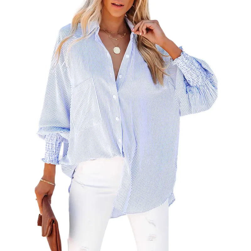 Asvivid Women's Casual Button Down Striped Blouse Tops with Elastic Cuffs Smocked Stripe Business Casual Pocketed Long Sleeve Shirt Lantern Sleeve Spring Fashion Fall Outfits