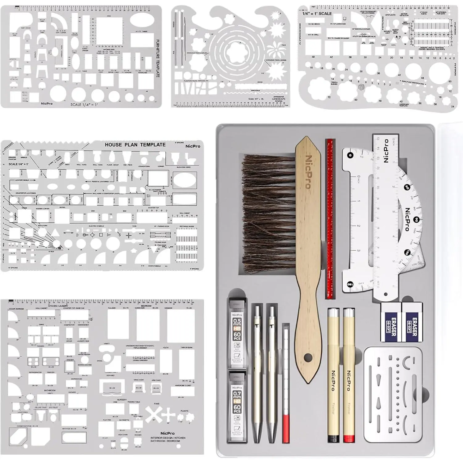 Swiilpo 21PCS Professional Drafting Tools & Geometry Set with Case, Architect Compass & Protractor Set, Metal Pencils, Pens, Scale Ruler Metal Ruler, 5 Drawing Templates for Interior House Plan,By Traiisutor