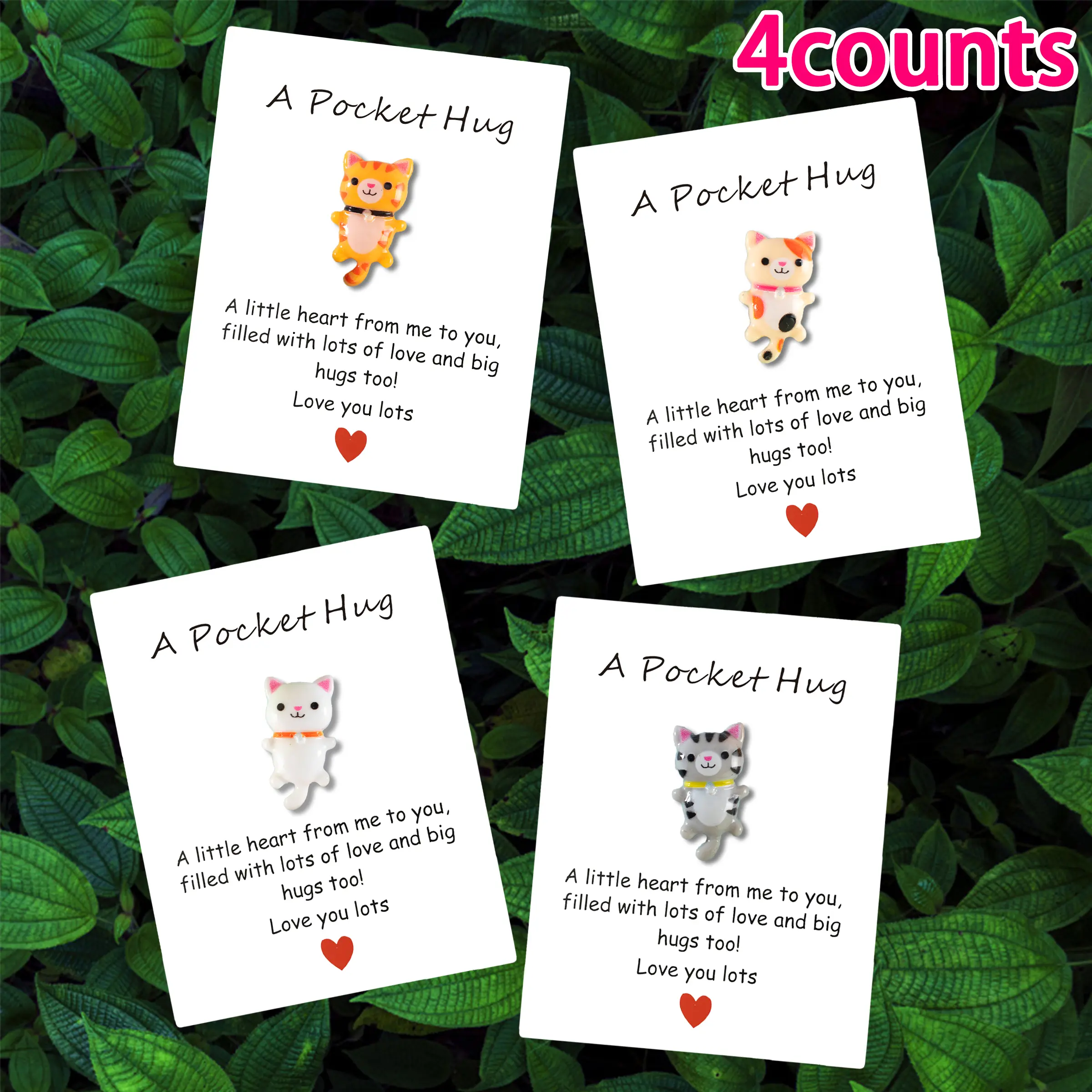 Set of 4 Mini Resin Cat Cards, Positive Message Card, Positive Encouragement Pocket Hugs, Self-Adhesive Stickers, Perfect Gift for Friends & Family