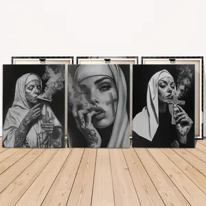 3 Counts Wooden Framed Canvas, Mysterious Tattooed Nun Art, Exquisite Poster, Artwork, Perfect Living Room Decoration, Modern Art, Fashion Family Poster, Wall Art Decoration, Waterproof Art