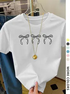 Women's Bow Print Round Neck Tee, Casual Cute Short Sleeve T-shirt for Summer, Ladies Clothes for Daily Wear, Top, Tshirt