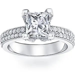 2 7/8ct Princess Cut Pave Diamond Engagement Ring 14K White Gold