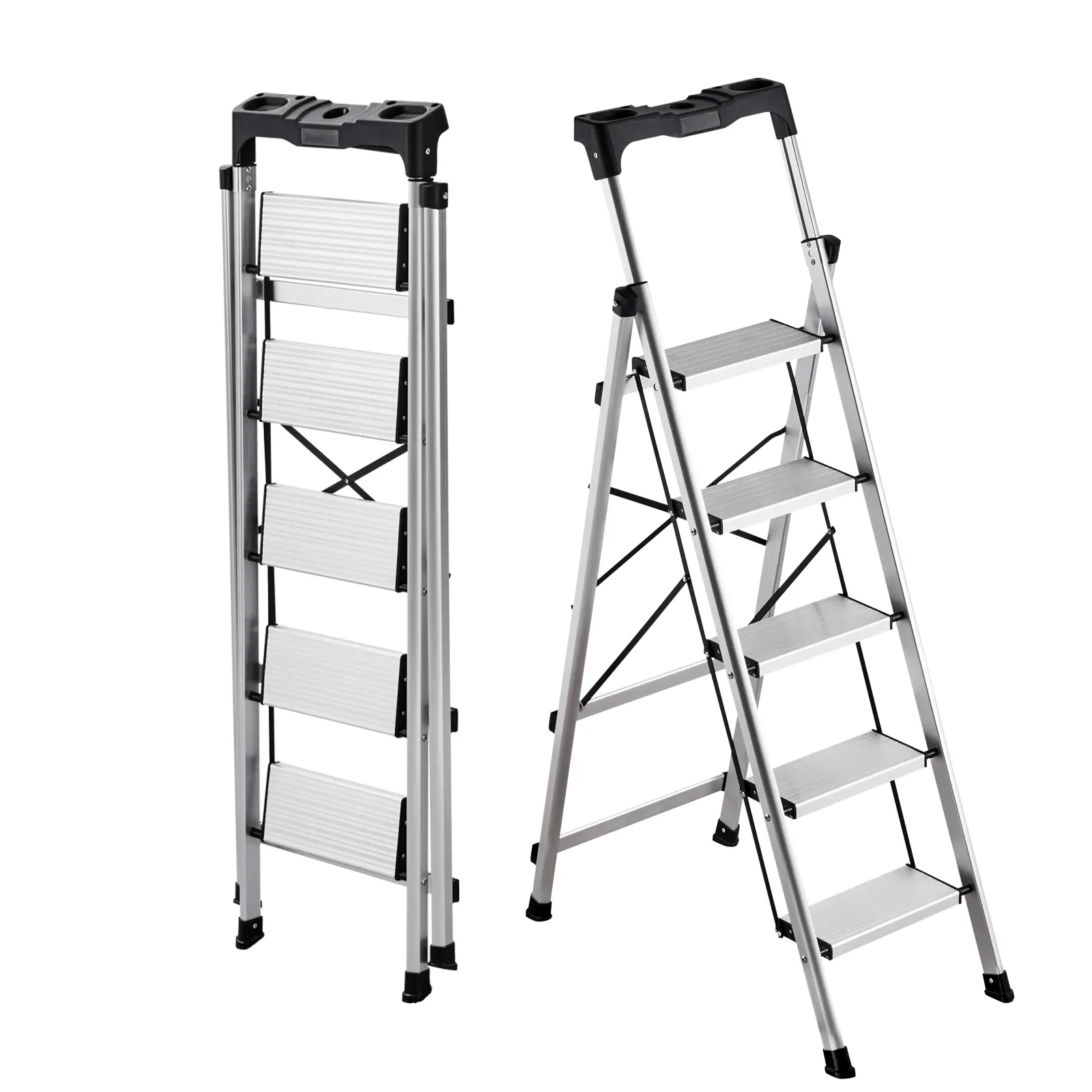 VEVOR 5 Step Ladder, Portable Aluminum Stepladder with Wide Anti-Slip Pedals, Locking Hand Grip, 330 lbs Capacity, 5-Step 18.9" Reach for Painting, Kitchen, Office, 18.9x32.9x58.6 in, 56.7" Folded Slim, Silver#BacktoSchool