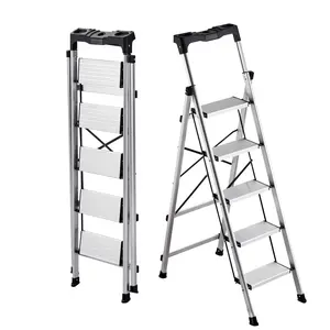 VEVOR 5 Step Ladder, Folding Step Stool with Wide Anti-Slip Pedal and Comfort Handgrip, 330 lbs Capacity Portable Aluminum Stepladder, Multi-Use for Kitchen, Warehouse, Household and Office, Silver