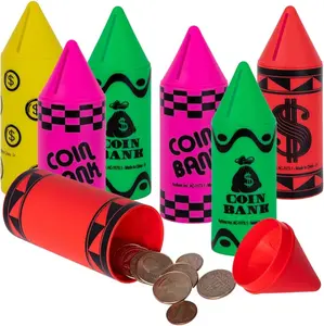 Crayon Coin Bank for Kids, Set of 12, Fun Money Saving Piggy Banks for Loose Change, 4 Vibrant Colors, Crayon Birthday Party Favors, Best Goodie Bag Fillers for Boys and Girls, 6"