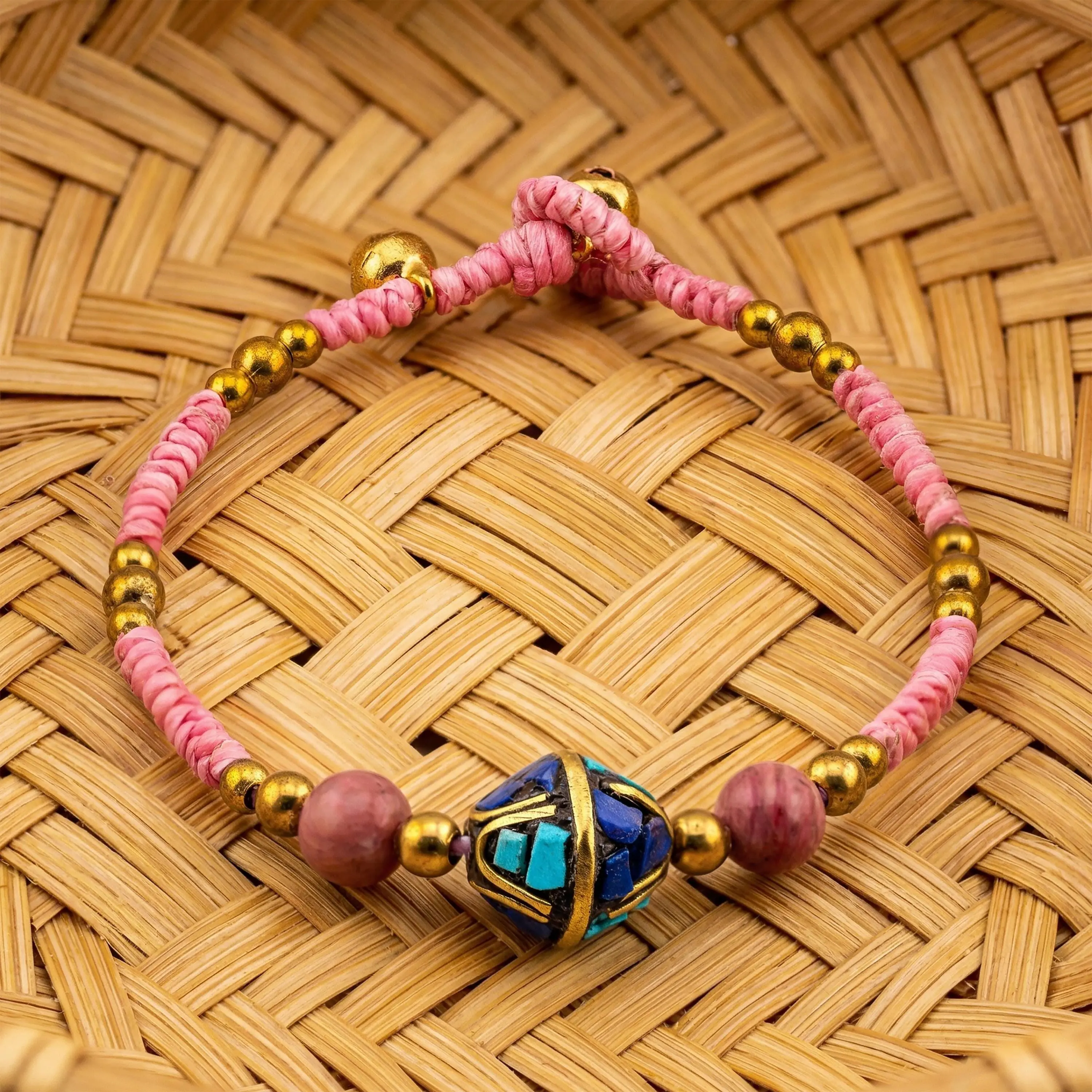 Pink Stone Inlay Bracelet for Women, Adjustable Thai Jewelry, Monk Blessed | Artisan Bloom