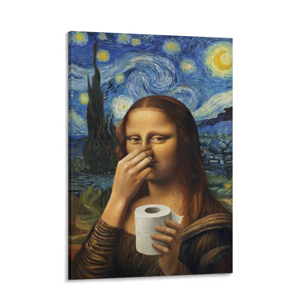 Vintage Mona Lisa Bathroom Decor Poster, Funny Humor Eclectic Bathroom Canvas Wall Decor For Home Toilet Bathroom Restroom Lavatory