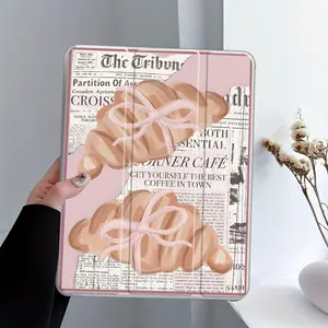 French Croissant Newspaper iPad Case, Ipad Tablet Accessories, Tablet Casing, Tri-Fold Stand Protective Case for iPad, Transparent Acrylic Hard Back, Pencil and Charger Slots, Pink Tablet Cover for iPad 10.2inch, Air, Ideal for Work and School