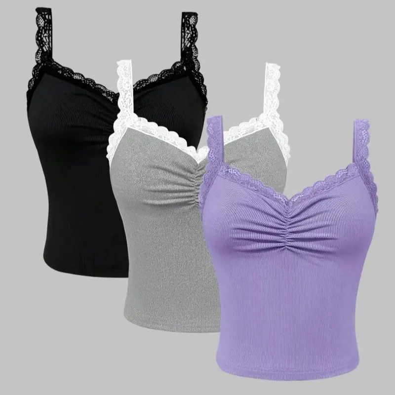 Early 2000's Cute Aesthetic Lace Ribbed Tank Top in Black Gray & Purple Colors for Women's Fashion Womenswear Basic Minimalist Short Sleeveless