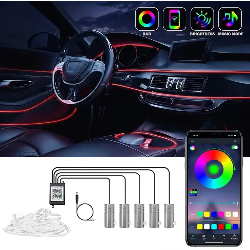 Synchronized Music RGB Car Neon Lights Kit, 1 Set Interior Car LED Strip Lights, Wireless App-Controlled RGB Ambient Lighting Kit with 236-inch Fiber Optic, 5V/12V
