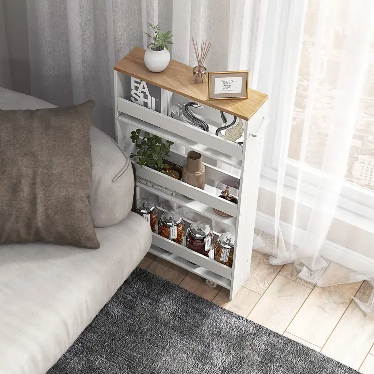 COSTWAY 4 Tier Rolling Slim Storage Cart, 5"/8"Narrow Slide Out Kitchen Cart w/Handle & Open Shelves, Space-Saving Compact Mobile Utility Trolley for Small Space Laundry Room, Black/White/Grey