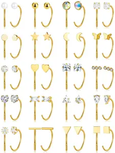 12 Pairs Huggie Half Hoop Earrings for Women Stainless Steel Huggie Hoops Earrings Multicolored Birthstone CZ Cartilage Helix Hoop Earring Jewelry Set Gold Silver Plated