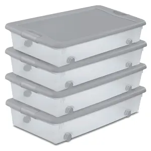Sterilite 56 Qt Wheeled Under Bed Storage Container, Plastic Bin, Silver, 4 Pack
