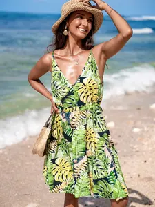 Leaf Sleeveless Waist Tie Mini Dress