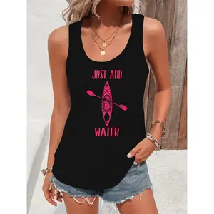 Ladies' Round Neck Casual Vest Kayak JUST ADD WATER Pink Printed Loose Top for Outdoor Enthusiasts to Give to Friends
