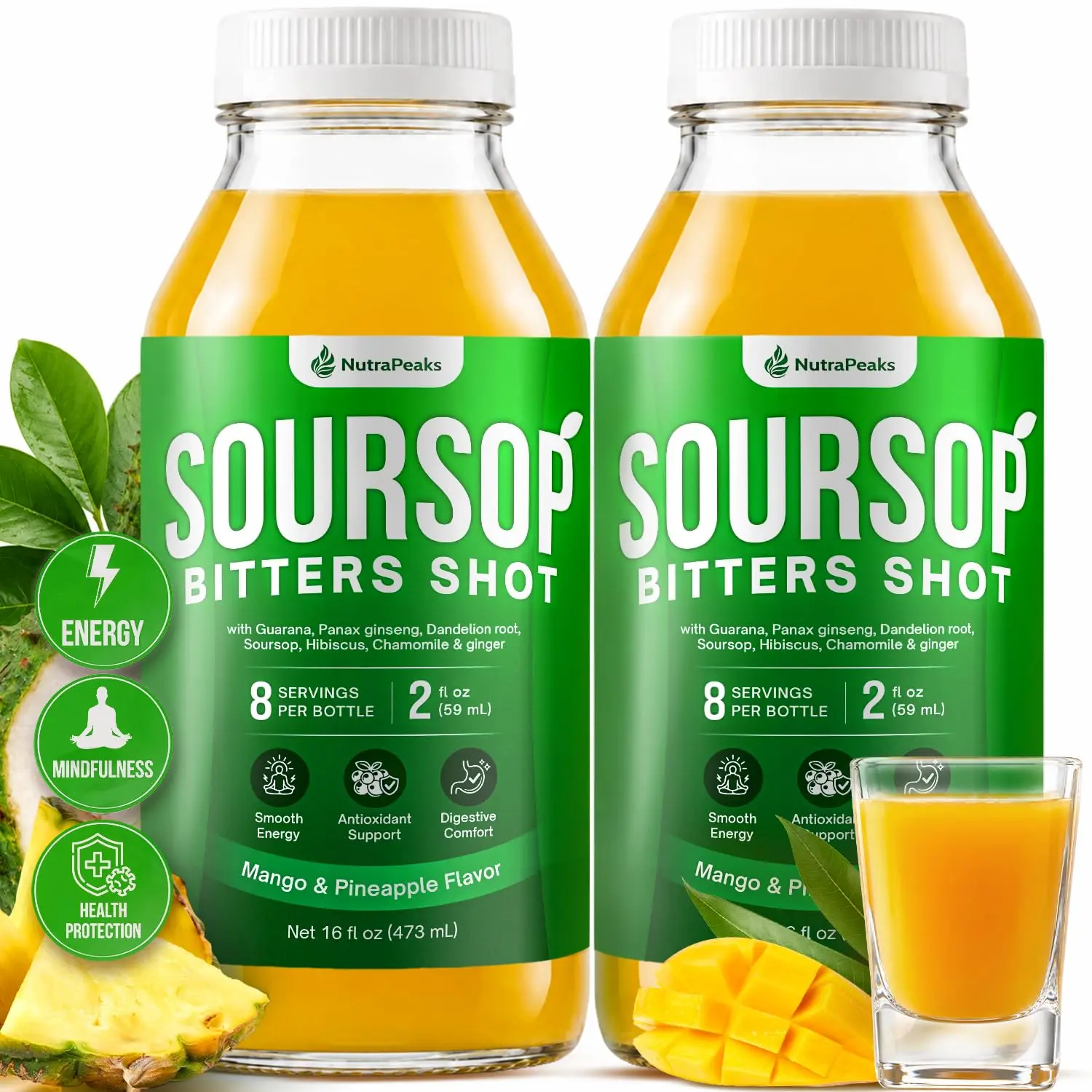 Soursop Bitters Liquid – Immunity + Energy Shot, Ready to Drink Tropical Mango with L-Theanine, Guarana, Ginseng & Hibiscus – Herbal Digestive Formula, No Added Sugar, Vegan, Gluten-Free, Non-GMO – 16oz Bottle, 2 Pack (2 Week Supply)
