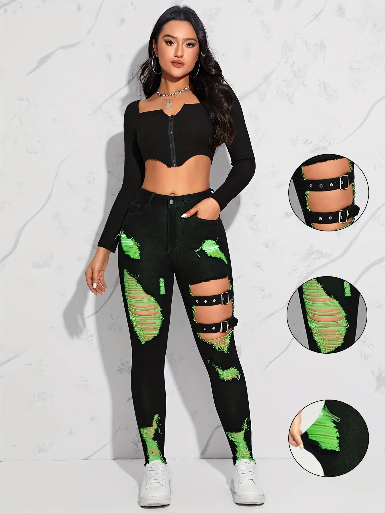 New 2026 Elastic Pants High Waist Slim Fit Hollow Out Colorblock Leg Dual Belt Design Fashion Aesthetic Streetwear Street Punk Style Washed Denim High Rise Jeans