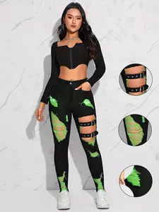 New 2026 Elastic Pants High Waist Slim Fit Hollow Out Colorblock Leg Dual Belt Design Fashion Street Punk Style Washed Jeans