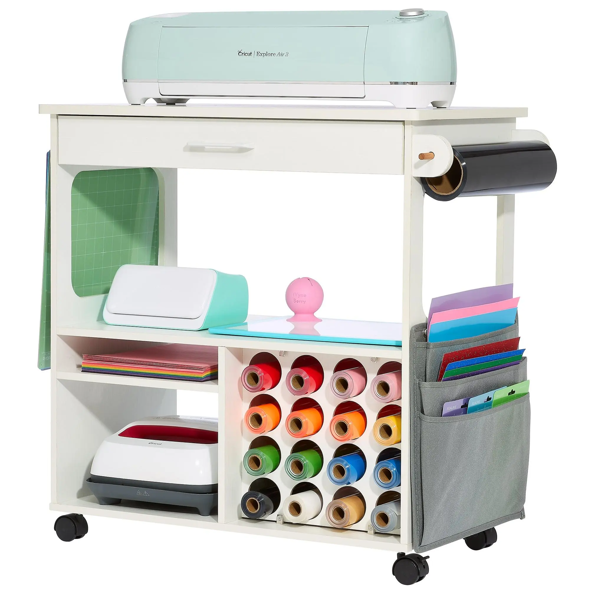 iVyne Craft Cart, Ultimate Organizer & Storage Table for Cricut/Silhouette with Metal Rack, Craft Table with Storage, Workstation for Accessories, Berry, Vinyl Rolls, and More - White