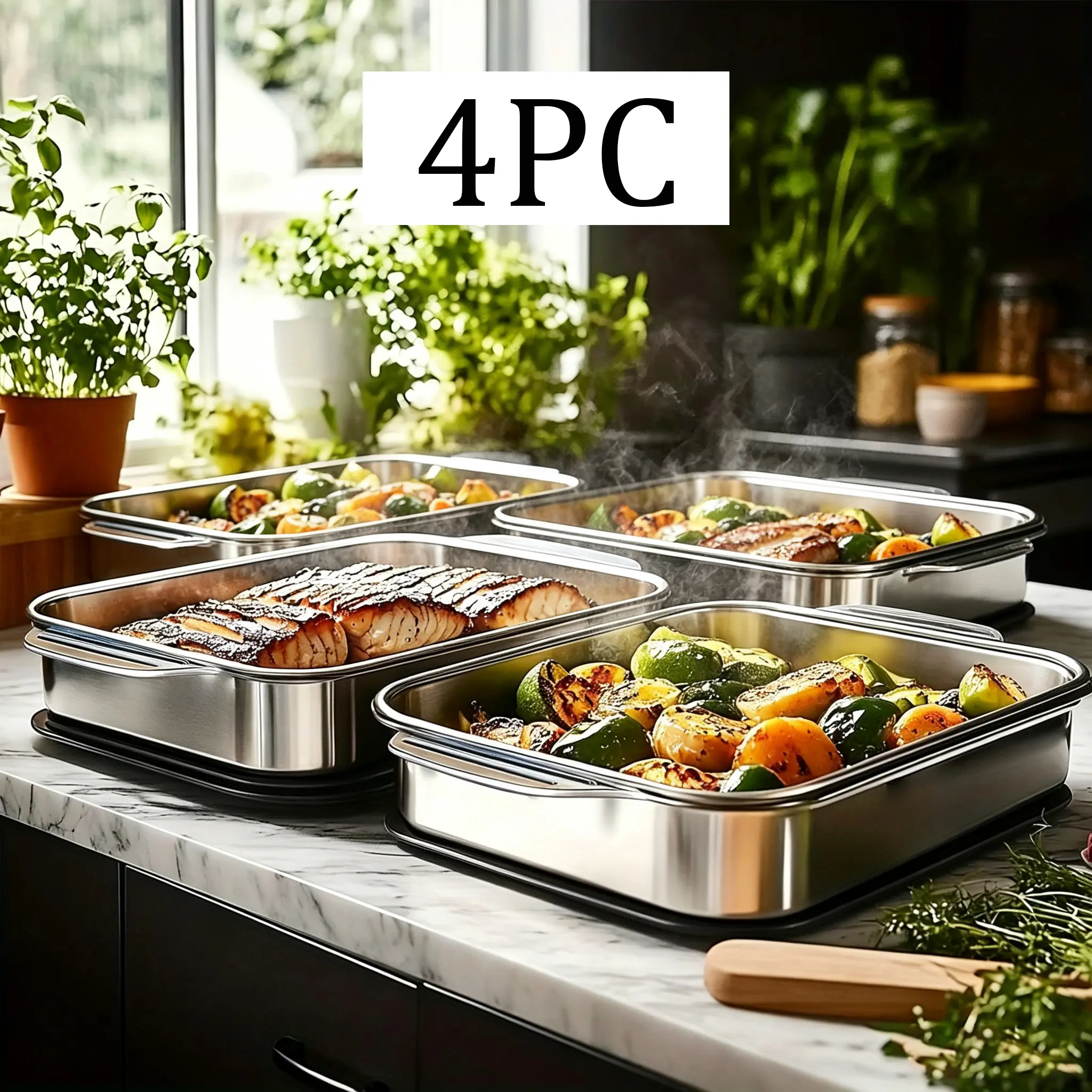 Set of 4 Extra Large Stainless Steel Baking Pans with Lids - Non-Stick Thick-Bottomed Rectangular Oven Trays for Desserts Bread and Seafood Perfect for Grilling and Buffet Serving Spacious Design Non-Stick Surface Oven Safe Baking Pans Mother's Day Gift