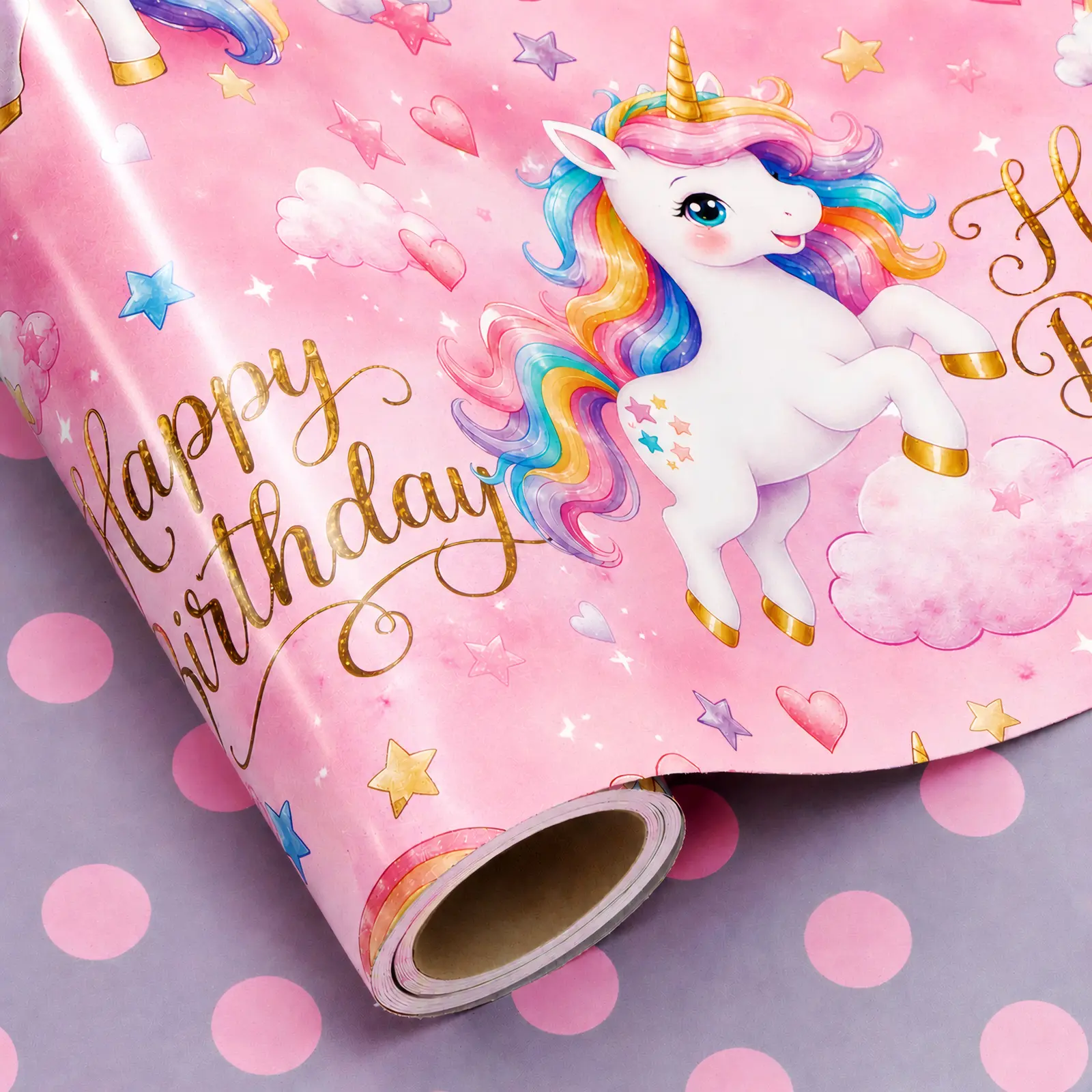 Lovryholix Patterned Birthday Wrapping Paper Rolls - Cute Unicorn, Silver Reversible, Thick Heavy-Duty Sheets, 28.5 sq ft Gift Wrap for Kids
