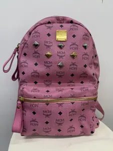 Pre-owned MCM Large Stark Backpack in Pink Visetos Coated Canvas with Studded Embellishments and Gold Tone Hardware