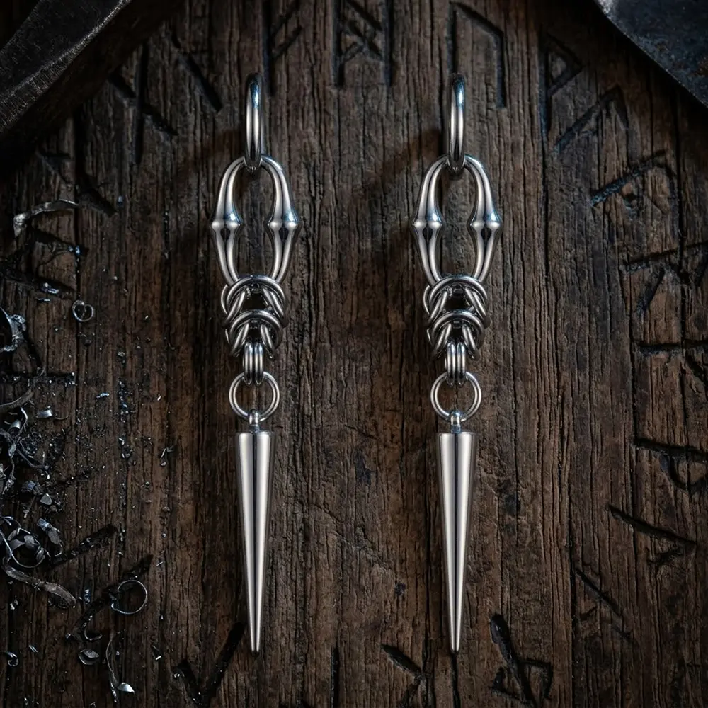 GTHIC Punk Stainless Steel Drop Earrings with Woven Chain & Spike Accents Edgy Alternative Unisex Ear Jewelry Rock Concerts & Daily Gothic Street Outfits