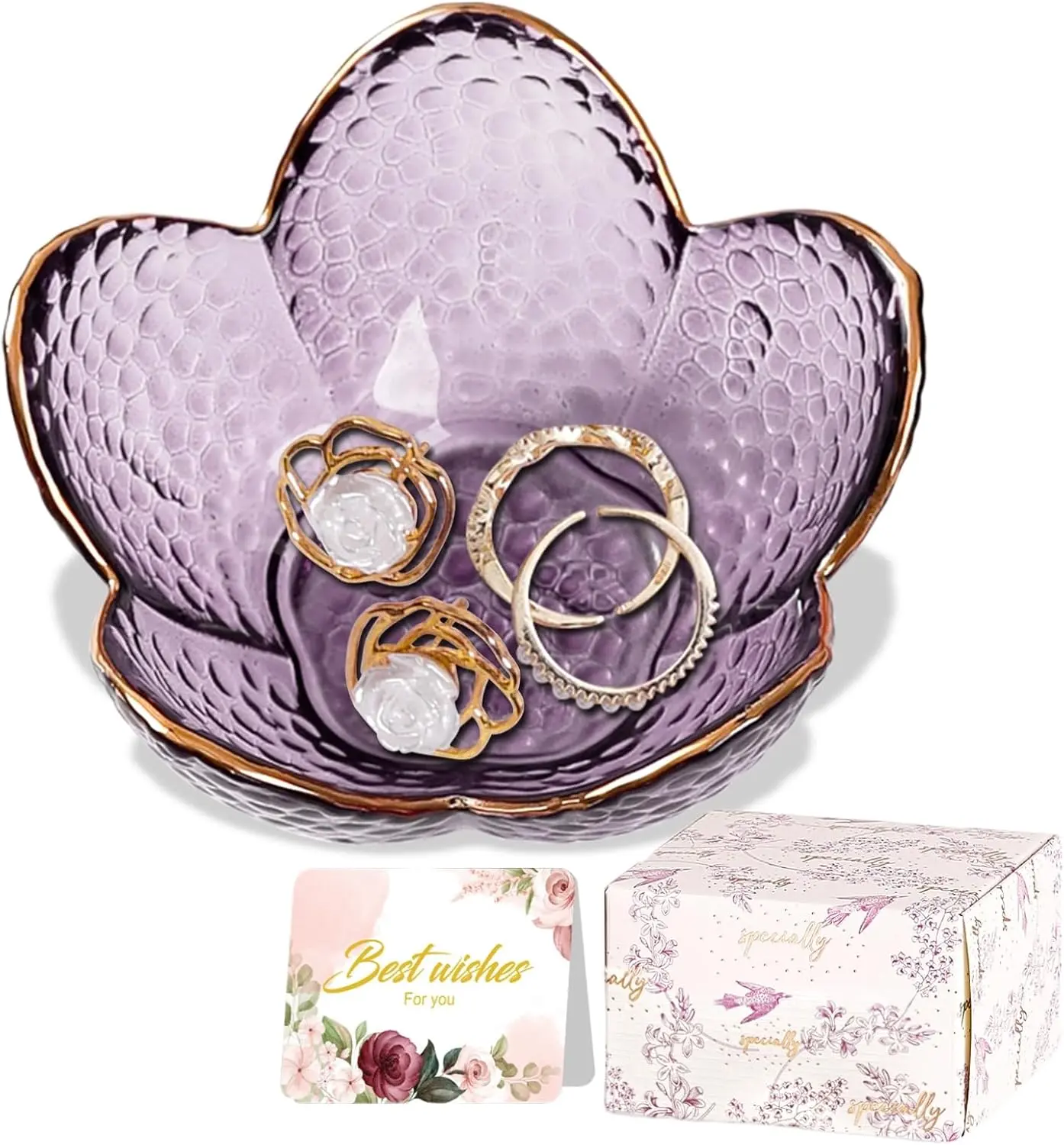 Purple Flower Jewelry Dish Glass Ring Holder Dish Jewelry Tray Cute Vanity Organizer Bathroom Room Decor Trinket Dish Valentine's Friendship Gifts for Women