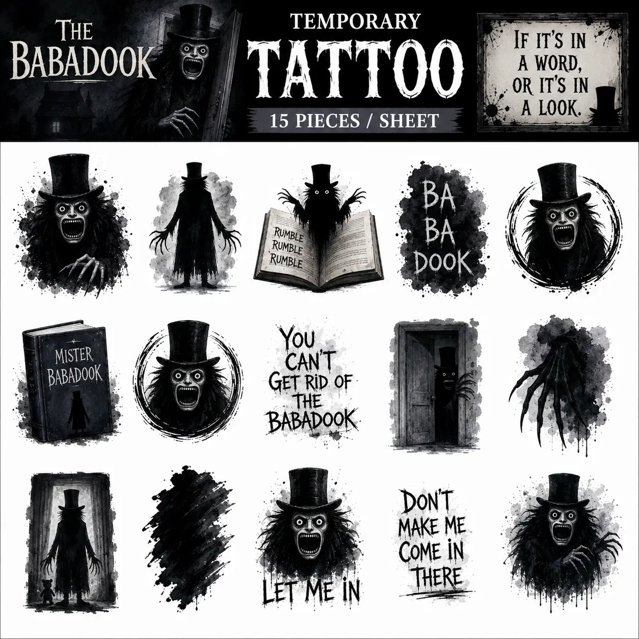 The Babadook Temporary Tattoo Set 15pcs | Gothic Halloween Temporary Tattoos | Horror Movie Inspired Tattoo Sticker Sheet