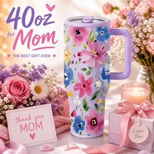 1pc 40oz Stainless Steel Floral Tumbler With Handle And Lid, Stainless Steel Thermal, Insulated Travel Mug, Double Wall Vacuum Cup Keeps Drinks Cold 12H Hot 6H, Coffee Cup For Car Office Outdoor Picnic Gift For Women Mom Friends