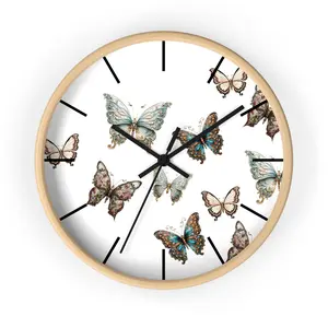 Royal Butterfly Round Clock Silent Analog Clock 10" Wood Frame Wall Clock
