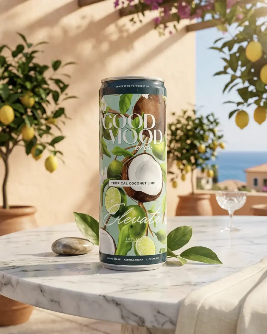 Good Mood Brew Tropical Coconut Lime Matcha Functional Sparkling Beverage Snack - Adaptogens & Nootropics, 5g Fiber, 6 Cans, 12 fl oz Each