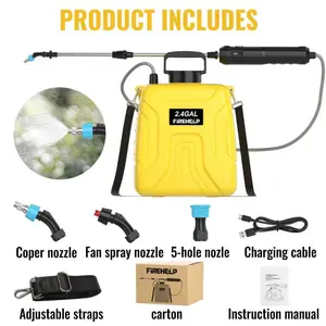 1.6-gallon & 2.4-gallon electric sprayers, equipped with 3 atomizing nozzles, a telescopic spray bar, a rechargeable battery, a backpack design, and an adjustable shoulder strap, suitable for lawns, gardens, and fertilization; portable and practical.