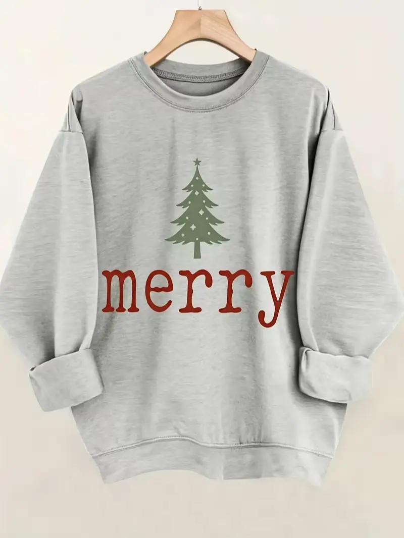 Merry Christmas Tree Graphic Print Fleece Crewneck Sweatshirt, Xmas Holiday Pullover, Daily Holiday Gift