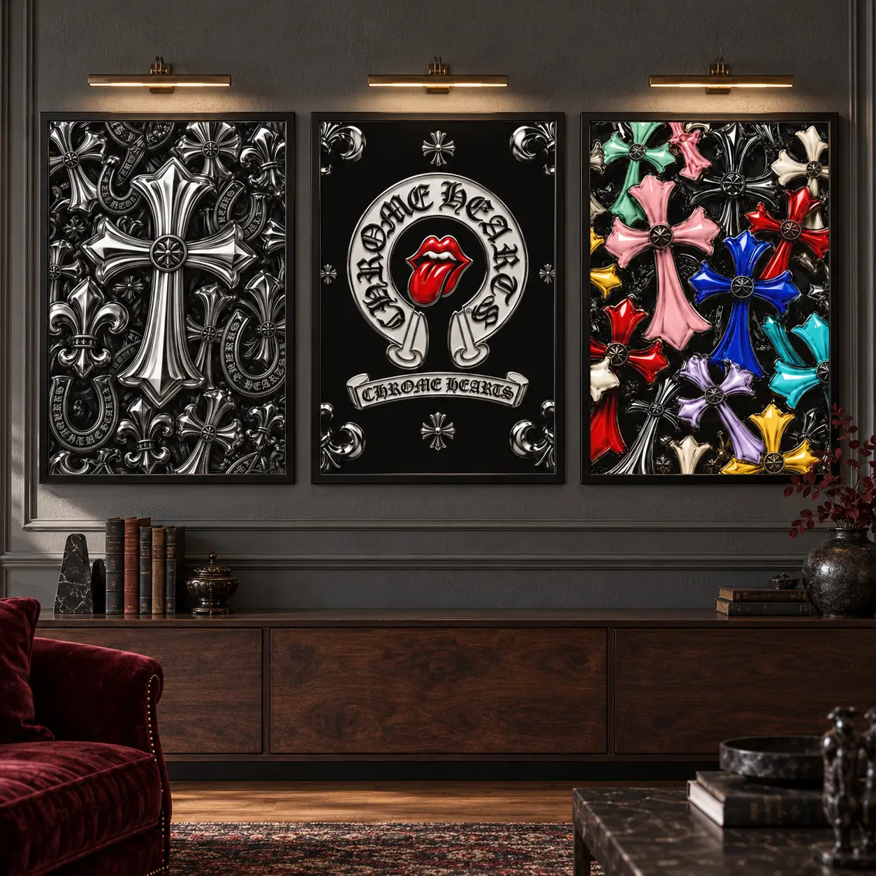 Gothic Cross Wall Art Poster Set of 3, Y2K Room Decor, Silver-Tone and Colorful Prints for Bedroom, Dorm or Music Room