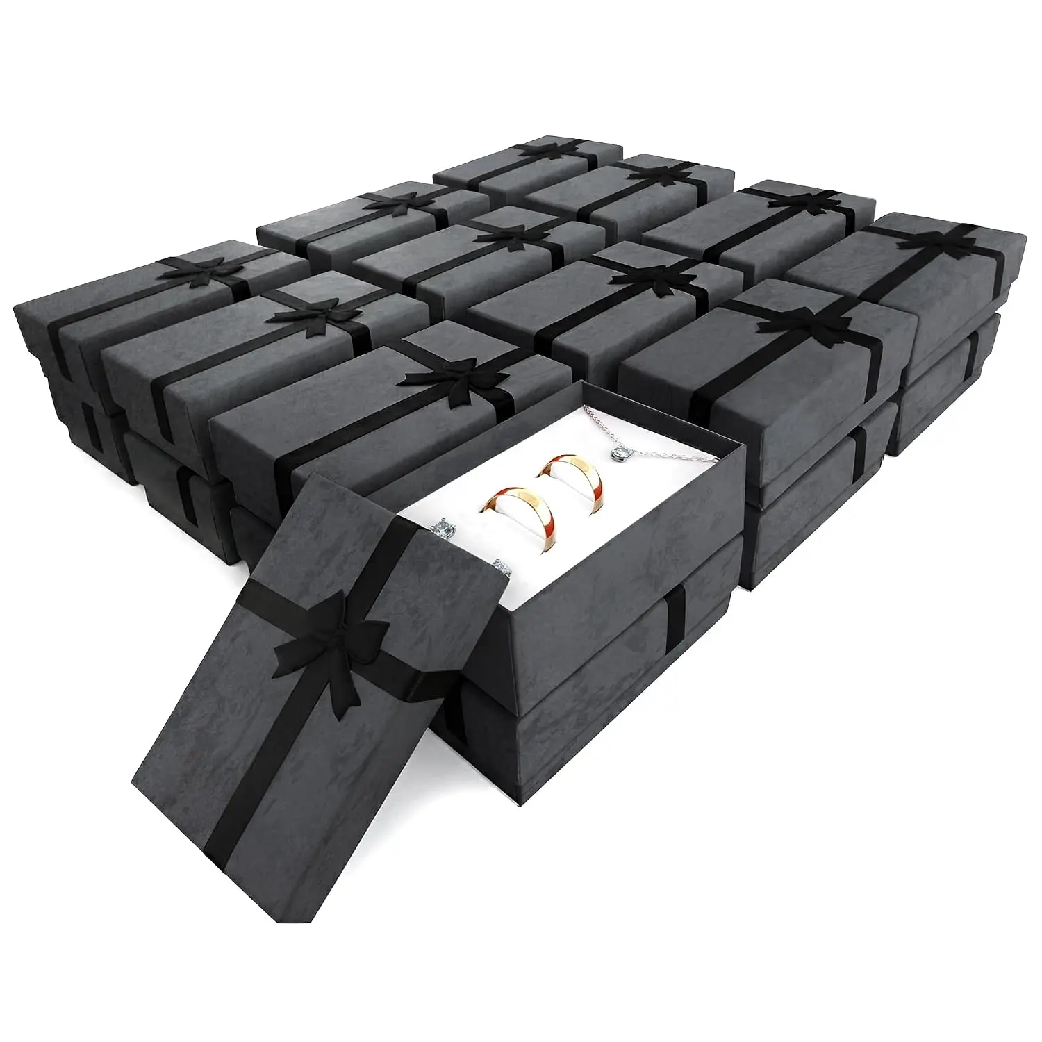 24 Pack Cardboard Necklace Box with Bow, with Foam Insert, Black