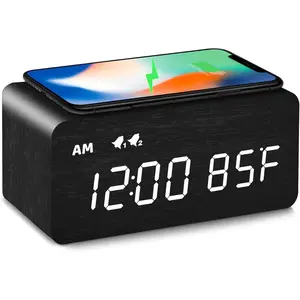 Digital Wooden Alarm Clock with Wireless Charging, 0-100% Dimmer, Dual Alarm, Weekday/Weekend Mode, Snooze, Wood LED Clocks for Bedroom, Bedside, Desk, Kids (Black)